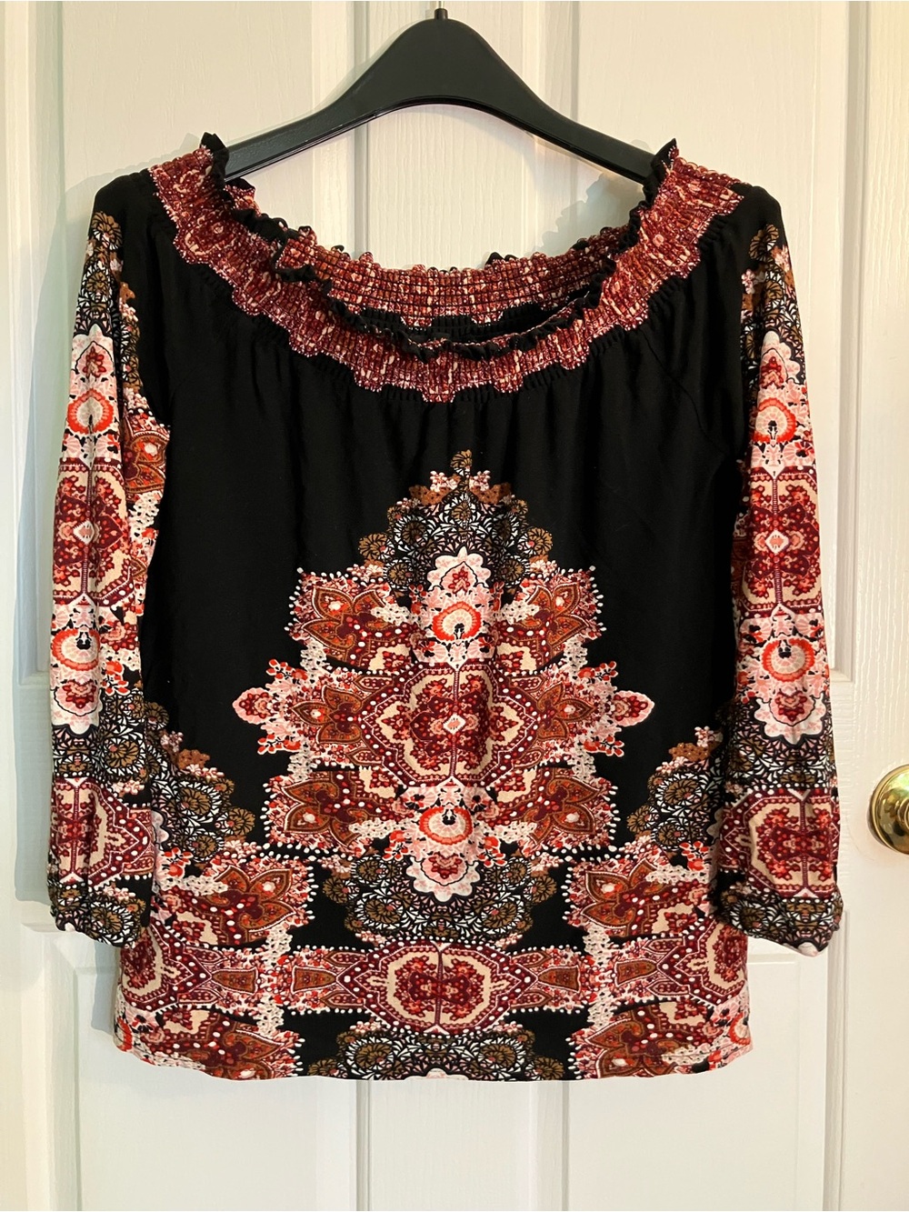 Boho Floral Off-Shoulder Top - Black and Rust